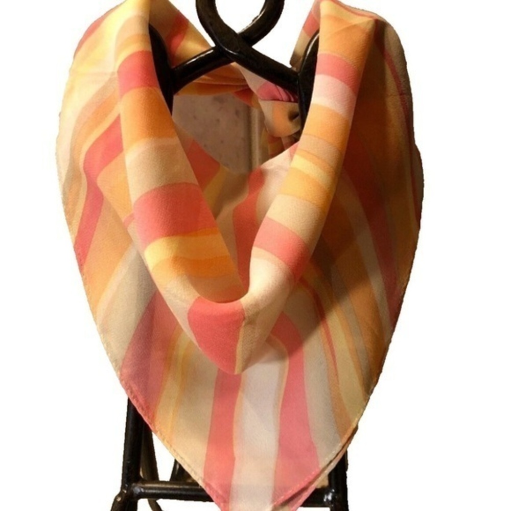 New York & Company Designer Pink and Orange 100% Silk Striped Scarf 21 X 21.